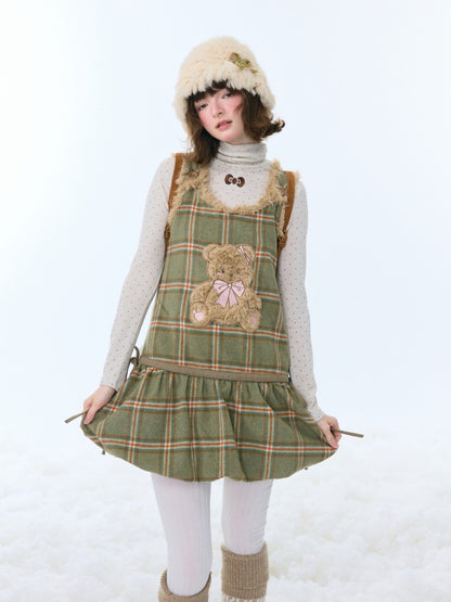 Plaid Plush Bear Pocket Hem Vest Dress【s0000015257】