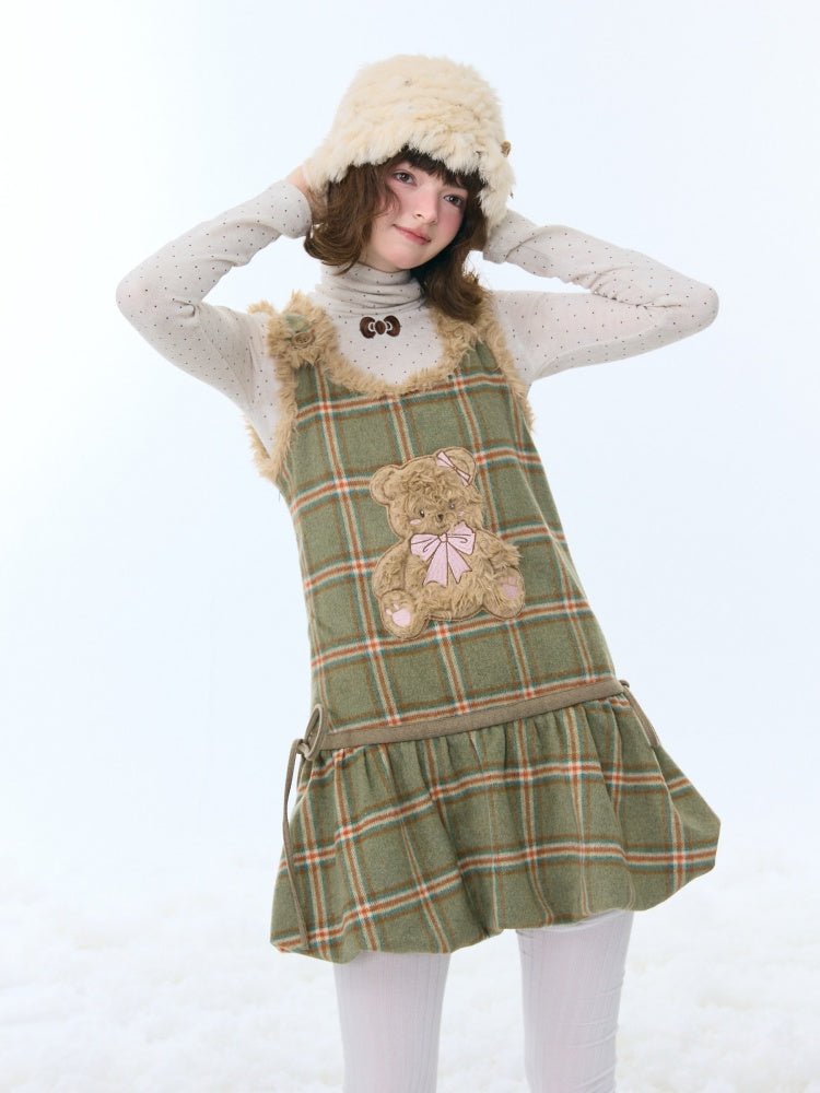 Plaid Plush Bear Pocket Hem Vest Dress【s0000015257】