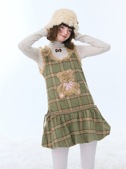Plaid Plush Bear Pocket Hem Vest Dress【s0000015257】
