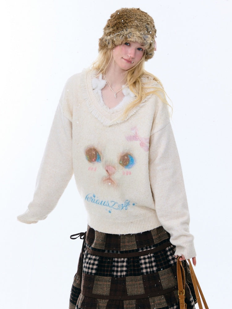 Cat Pattern Plush Collar Lazy Style Soft Waxy Sweater【s0000015261】