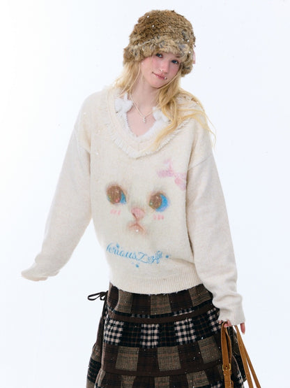 Cat Pattern Plush Collar Lazy Style Soft Waxy Sweater【s0000015261】