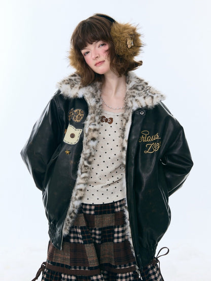Fur Collar Thickened Leopard Print Plush PU Leather Jacket【s0000015259】