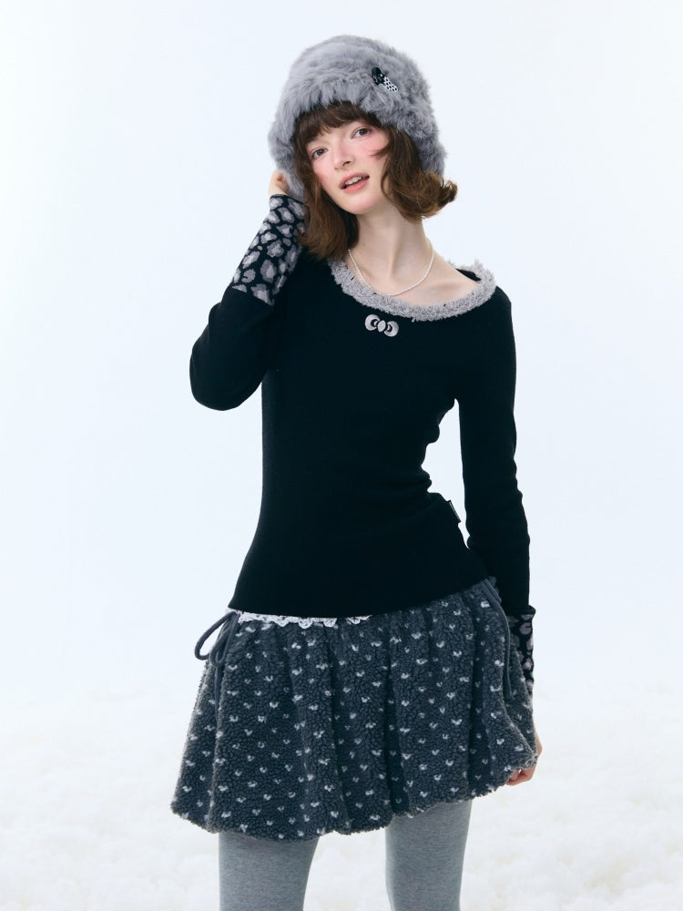 Leopard Print Cuff Long Sleeve T-Shirt Slimming Crew Neck Knitted Base Shirt【s0000015263】