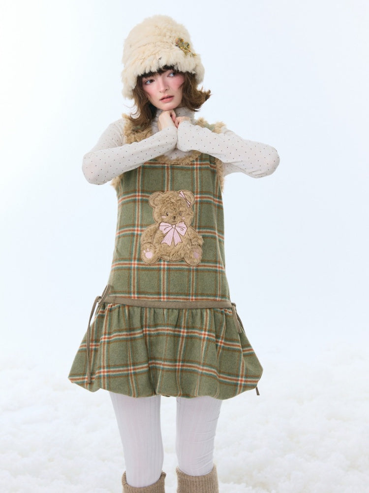 Plaid Plush Bear Pocket Hem Vest Dress【s0000015257】