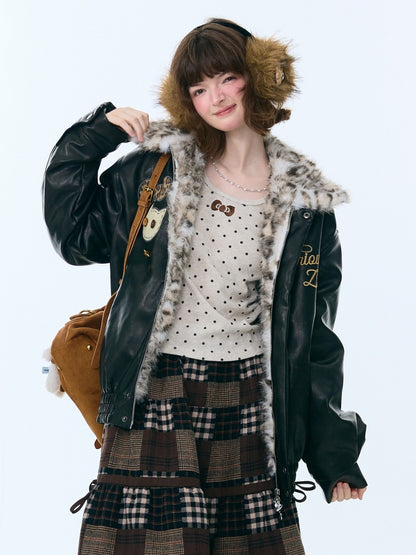 Fur Collar Thickened Leopard Print Plush PU Leather Jacket【s0000015259】