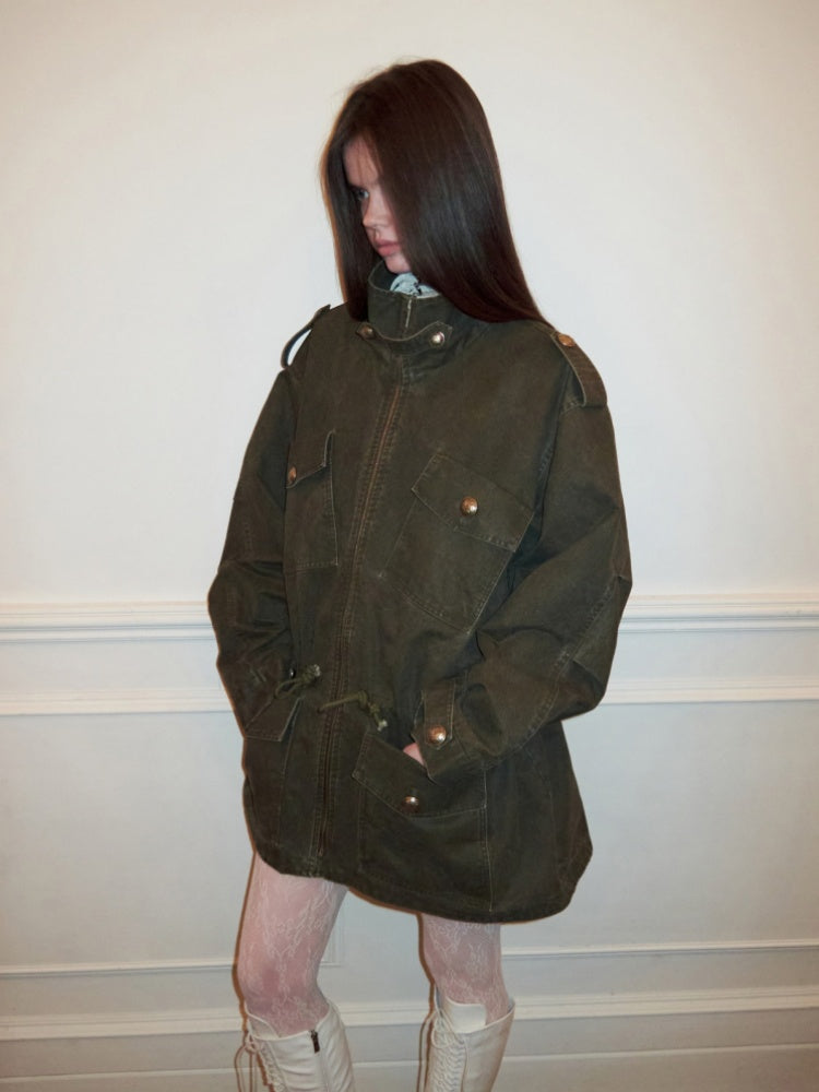 Washed Distressed Mid-Length Cargo Pocket Jacket【s0000015995】