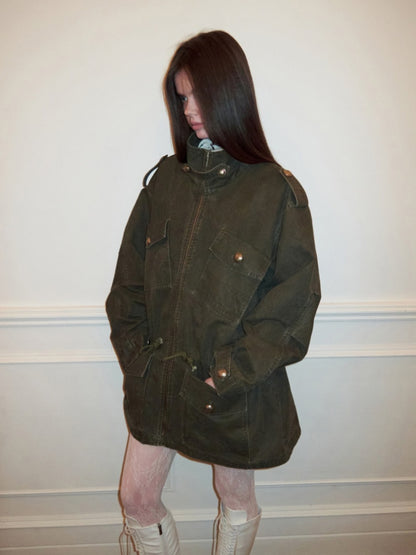 Washed Distressed Mid-Length Cargo Pocket Jacket【s0000015995】