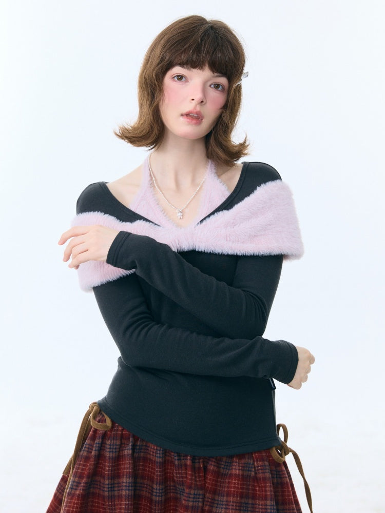 Bow Slim Top Plush Halter-Neck Knitted Base Shirt【s0000015264】