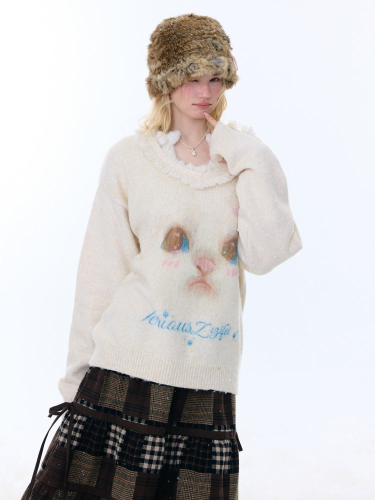 Cat Pattern Plush Collar Lazy Style Soft Waxy Sweater【s0000015261】
