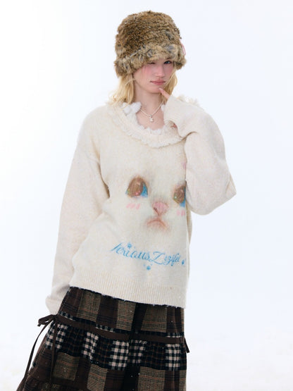 Cat Pattern Plush Collar Lazy Style Soft Waxy Sweater【s0000015261】