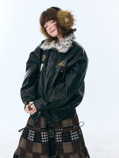 Fur Collar Thickened Leopard Print Plush PU Leather Jacket【s0000015259】