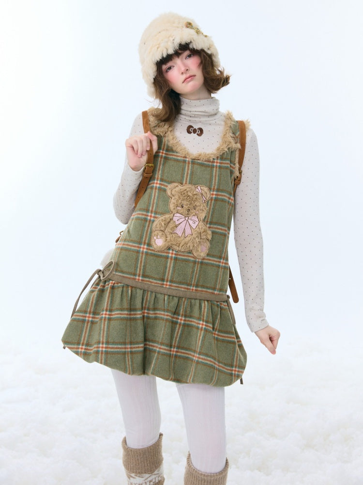 Plaid Plush Bear Pocket Hem Vest Dress【s0000015257】