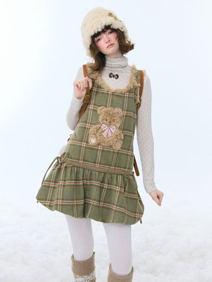 Plaid Plush Bear Pocket Hem Vest Dress【s0000015257】