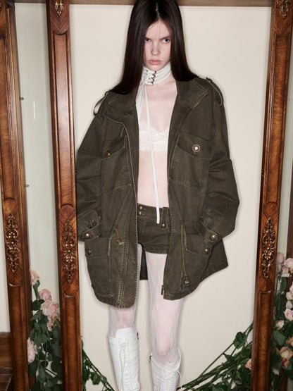 Washed Distressed Mid-Length Cargo Pocket Jacket【s0000015995】