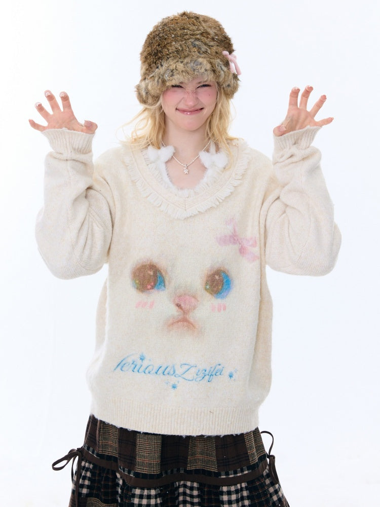 Cat Pattern Plush Collar Lazy Style Soft Waxy Sweater【s0000015261】