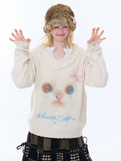 Cat Pattern Plush Collar Lazy Style Soft Waxy Sweater【s0000015261】