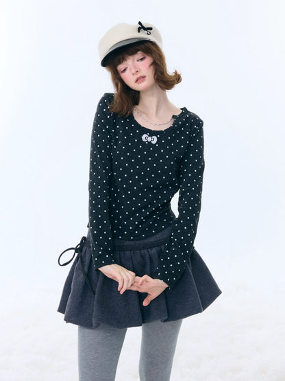 Polka Dot Chain Top Iong Sleeve T-Shirt Slim Knitted Base Shirt【s0000015256】