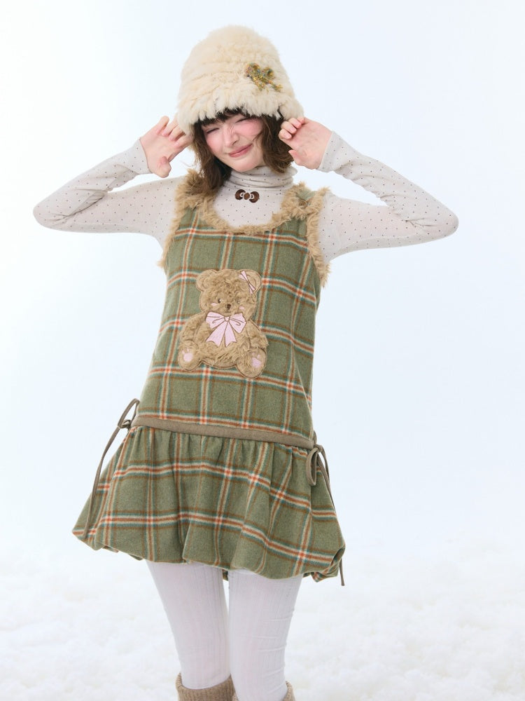 Plaid Plush Bear Pocket Hem Vest Dress【s0000015257】