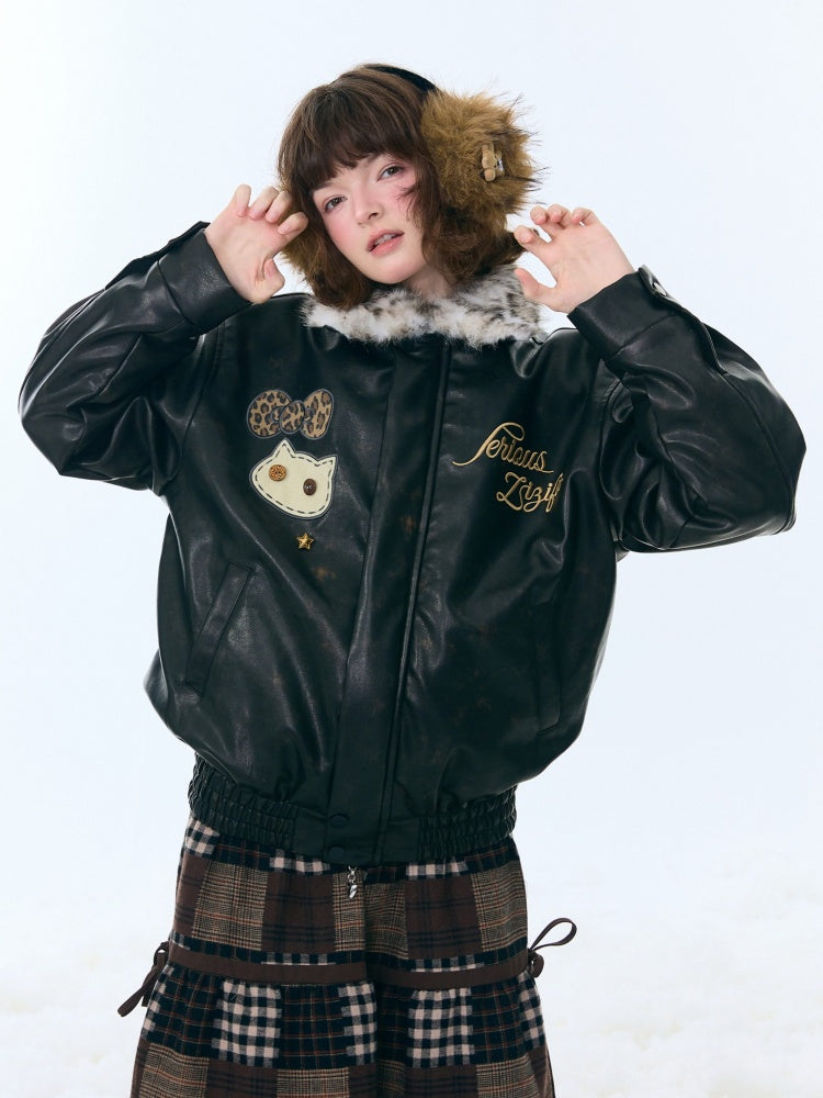Fur Collar Thickened Leopard Print Plush PU Leather Jacket【s0000015259】