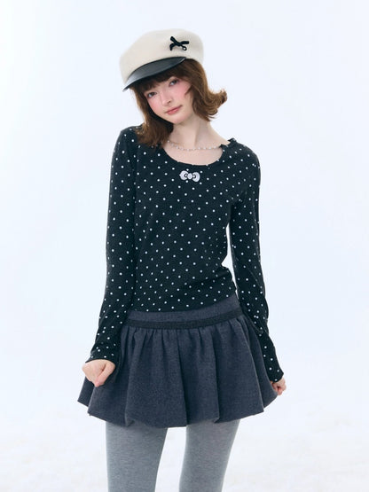 Polka Dot Chain Top Iong Sleeve T-Shirt Slim Knitted Base Shirt【s0000015256】