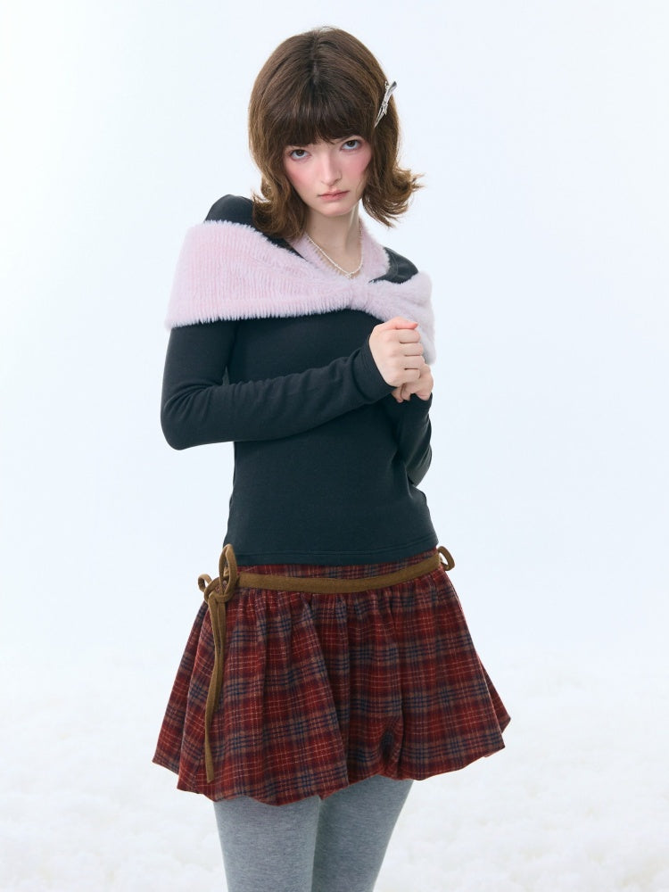 Bow Slim Top Plush Halter-Neck Knitted Base Shirt【s0000015264】