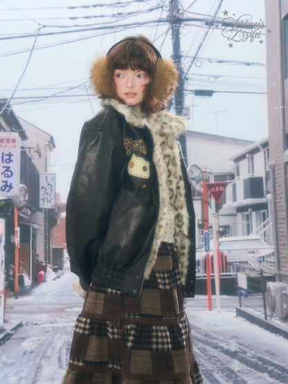 Fur Collar Thickened Leopard Print Plush PU Leather Jacket【s0000015259】