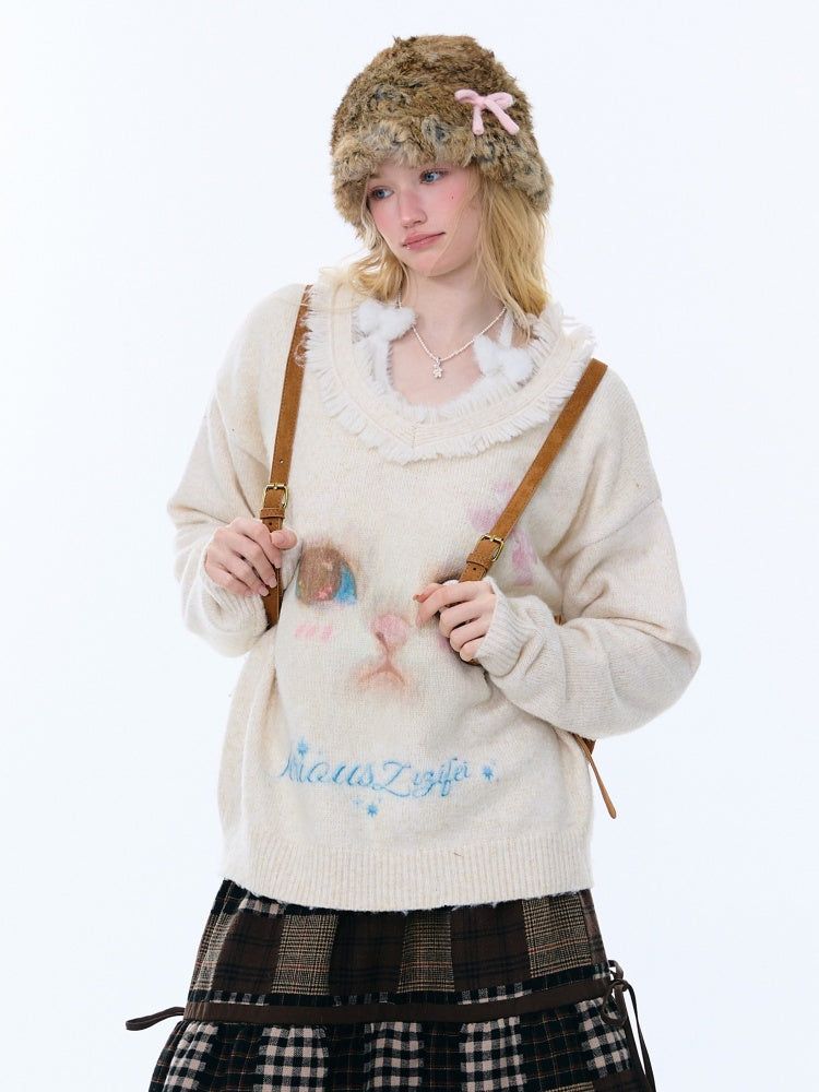 Cat Pattern Plush Collar Lazy Style Soft Waxy Sweater【s0000015261】
