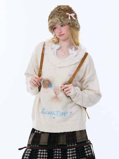 Cat Pattern Plush Collar Lazy Style Soft Waxy Sweater【s0000015261】
