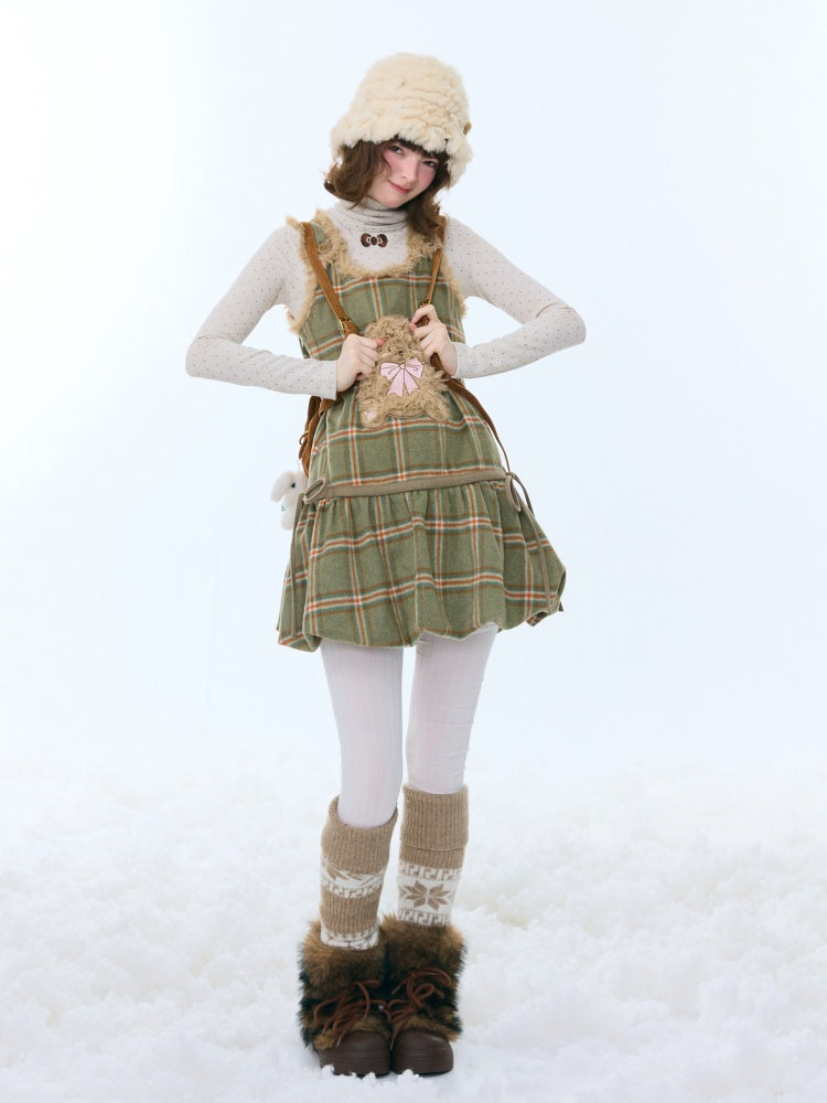 Plaid Plush Bear Pocket Hem Vest Dress【s0000015257】