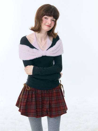 Bow Slim Top Plush Halter-Neck Knitted Base Shirt【s0000015264】