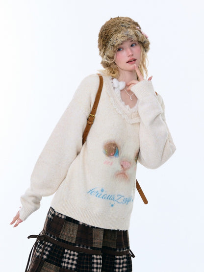 Cat Pattern Plush Collar Lazy Style Soft Waxy Sweater【s0000015261】