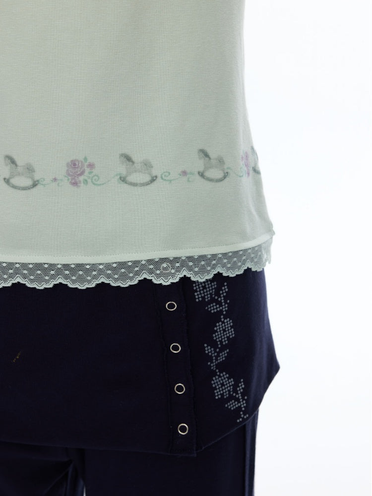 Two-Tone Square-Neck Striped Patchwork Lace Long Sleeve T-shirt【s0000018617】