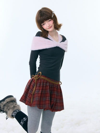 Bow Slim Top Plush Halter-Neck Knitted Base Shirt【s0000015264】