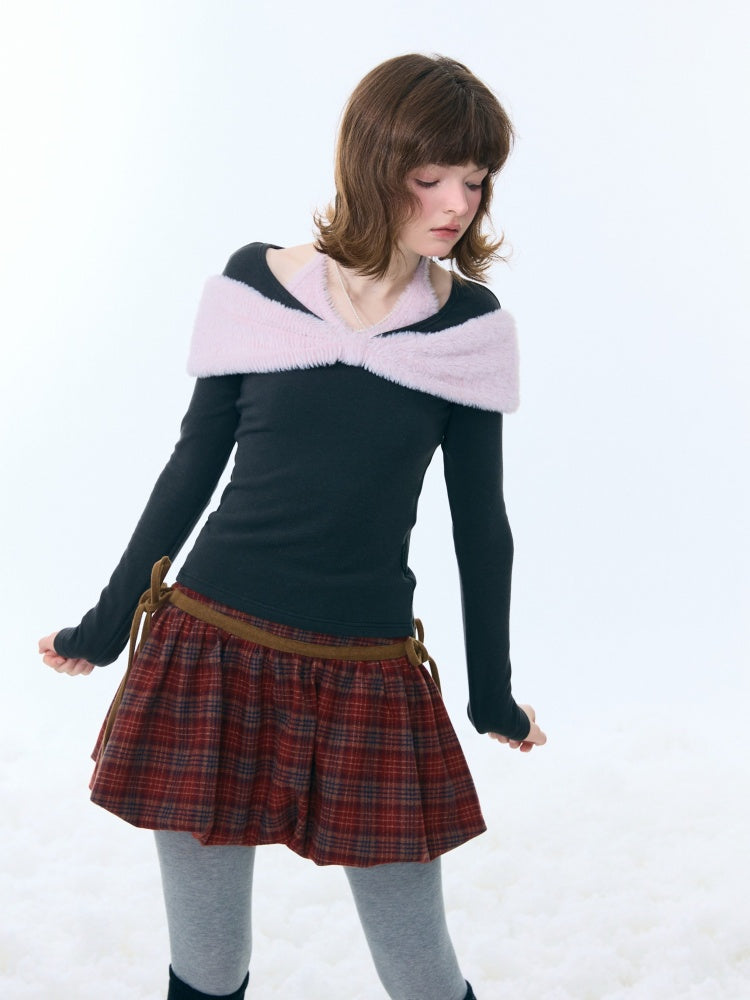 Bow Slim Top Plush Halter-Neck Knitted Base Shirt【s0000015264】