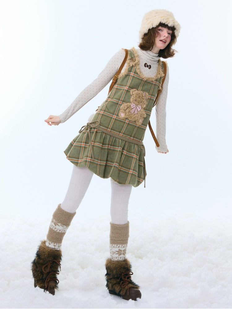 Plaid Plush Bear Pocket Hem Vest Dress【s0000015257】