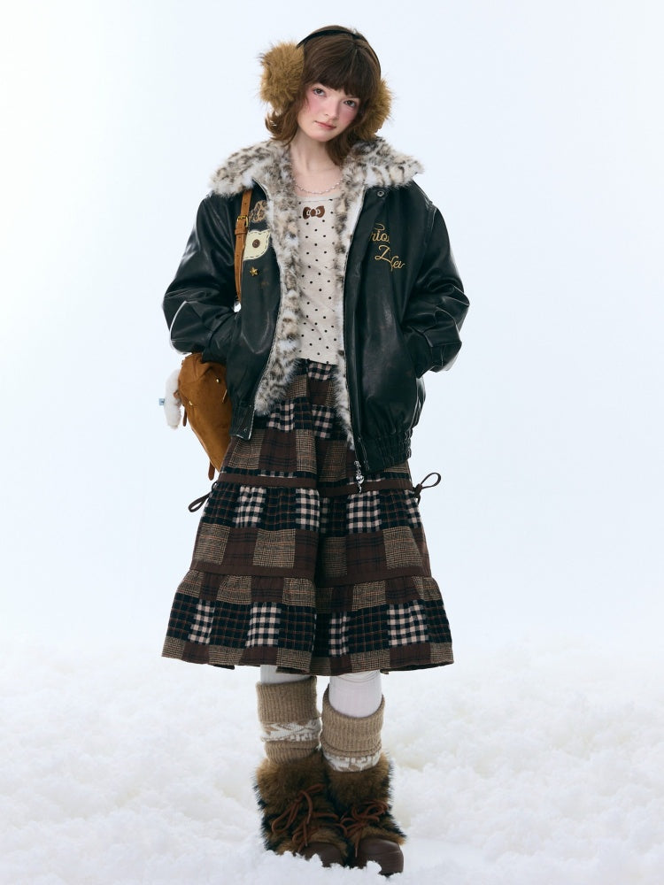 Fur Collar Thickened Leopard Print Plush PU Leather Jacket【s0000015259】