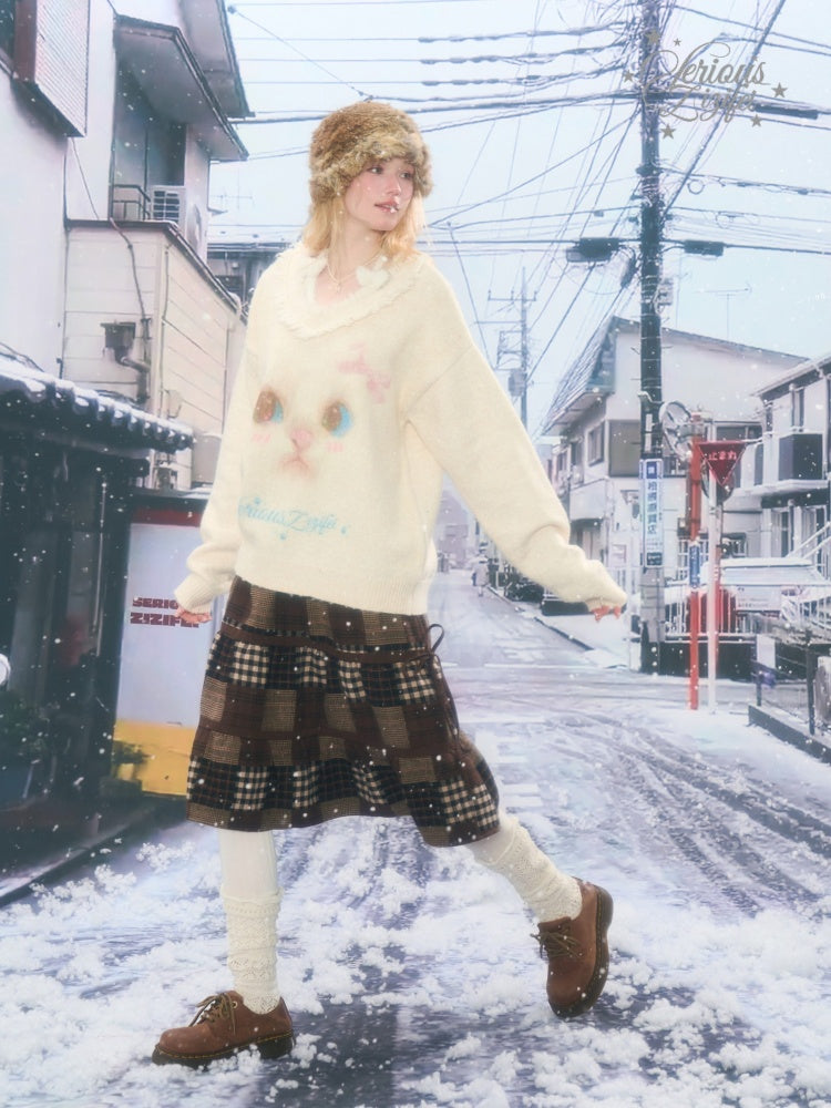 Cat Pattern Plush Collar Lazy Style Soft Waxy Sweater【s0000015261】