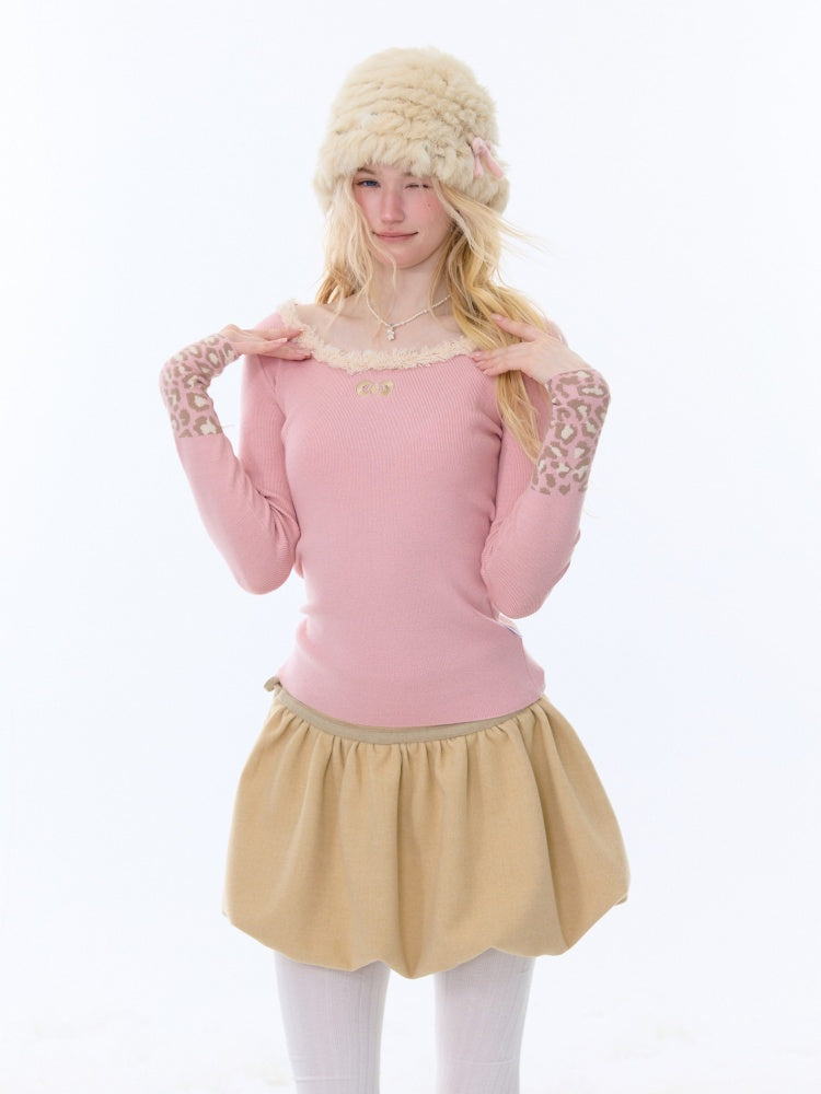 Leopard Print Cuff Long Sleeve T-Shirt Slimming Crew Neck Knitted Base Shirt【s0000015263】