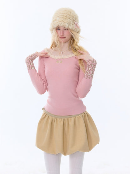 Leopard Print Cuff Long Sleeve T-Shirt Slimming Crew Neck Knitted Base Shirt【s0000015263】