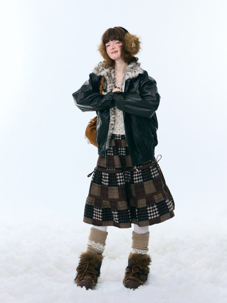 Fur Collar Thickened Leopard Print Plush PU Leather Jacket【s0000015259】
