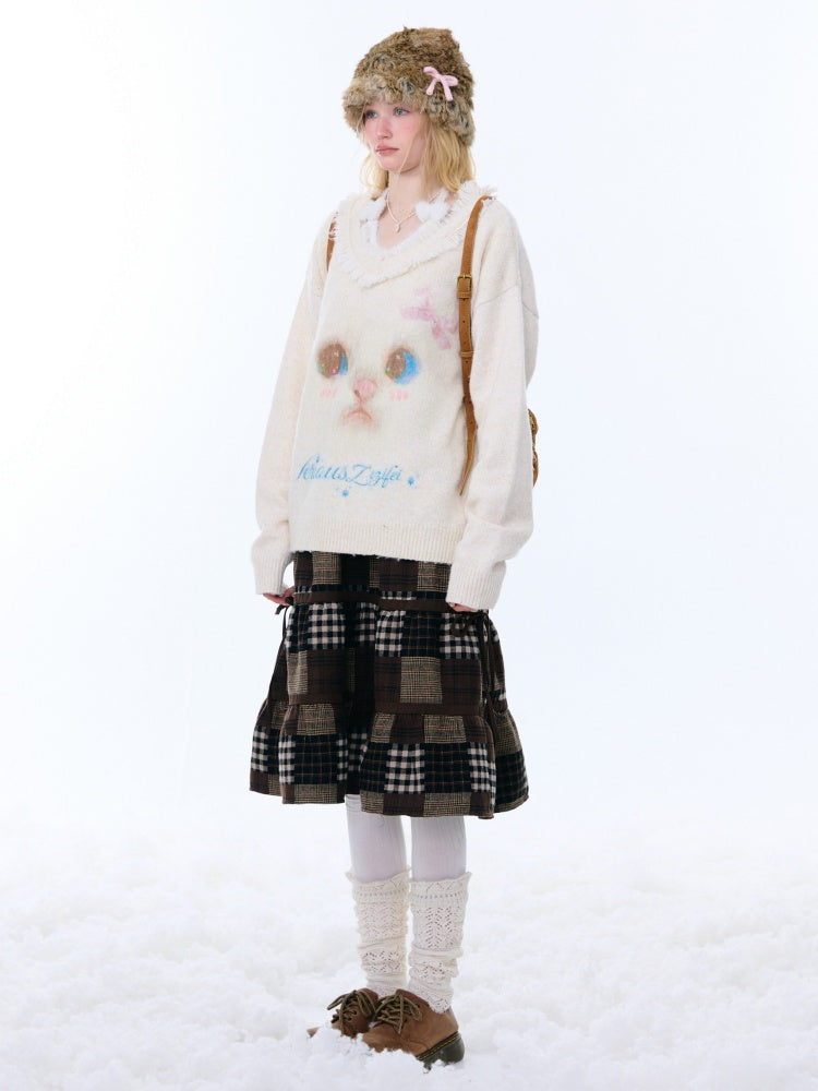 Cat Pattern Plush Collar Lazy Style Soft Waxy Sweater【s0000015261】