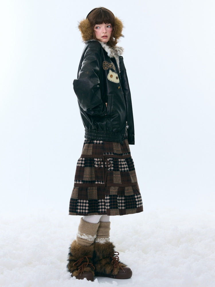Fur Collar Thickened Leopard Print Plush PU Leather Jacket【s0000015259】