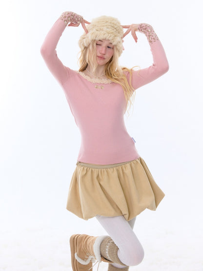 Leopard Print Cuff Long Sleeve T-Shirt Slimming Crew Neck Knitted Base Shirt【s0000015263】