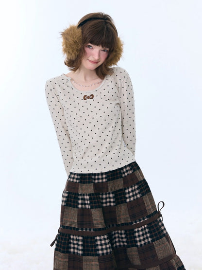 Polka Dot Chain Top Iong Sleeve T-Shirt Slim Knitted Base Shirt【s0000015256】