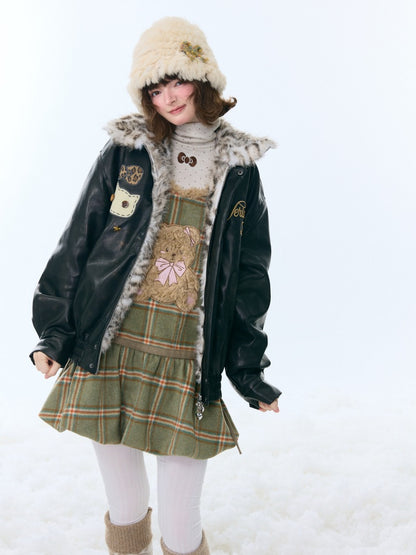 Fur Collar Thickened Leopard Print Plush PU Leather Jacket【s0000015259】