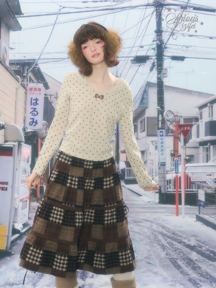 Polka Dot Chain Top Iong Sleeve T-Shirt Slim Knitted Base Shirt【s0000015256】