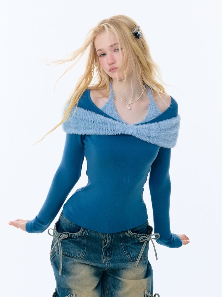 Bow Slim Top Plush Halter-Neck Knitted Base Shirt【s0000015264】