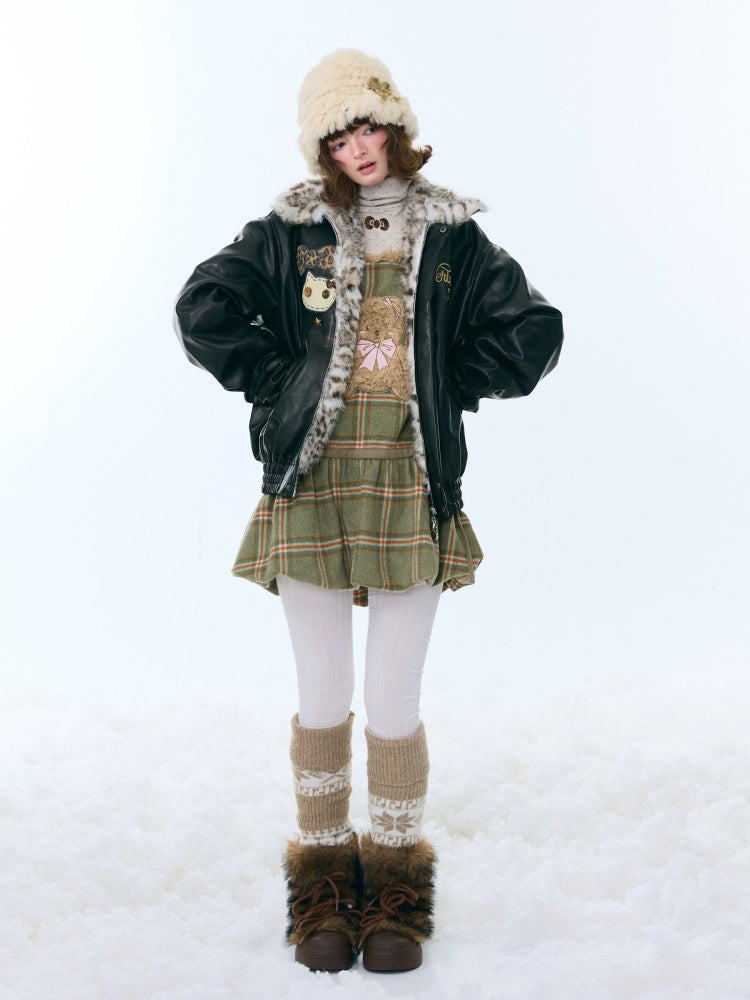 Fur Collar Thickened Leopard Print Plush PU Leather Jacket【s0000015259】
