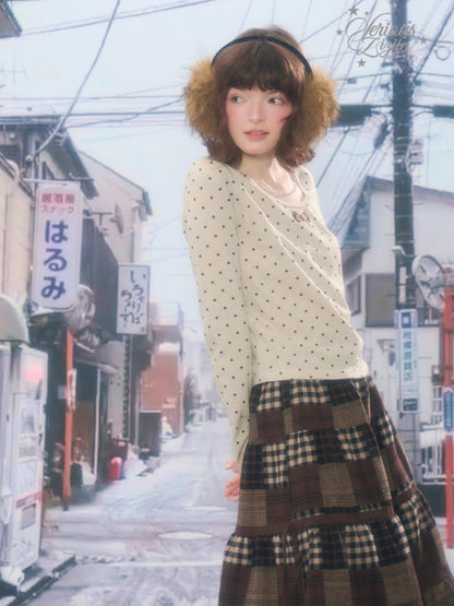 Polka Dot Chain Top Iong Sleeve T-Shirt Slim Knitted Base Shirt【s0000015256】