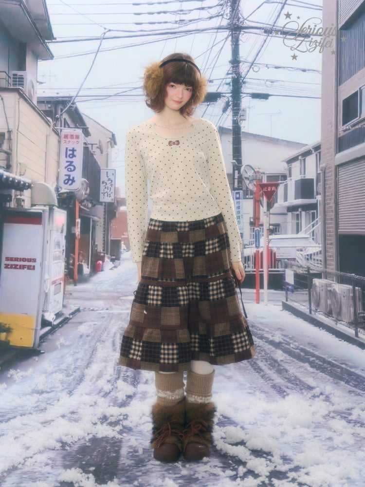 Polka Dot Chain Top Iong Sleeve T-Shirt Slim Knitted Base Shirt【s0000015256】